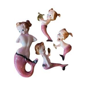 1950s 4 Norcrest Mermaids Figurines Cherub Fuchsia Pin Up Bathroom Kitschy MCM